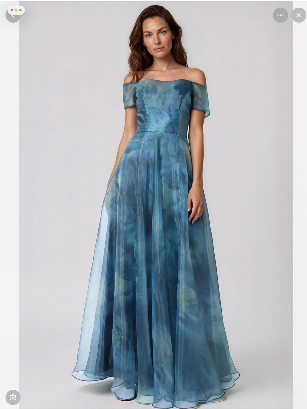 Rene Ruiz Blue-Green Off-the-Shoulder Organza A-Line Gown
